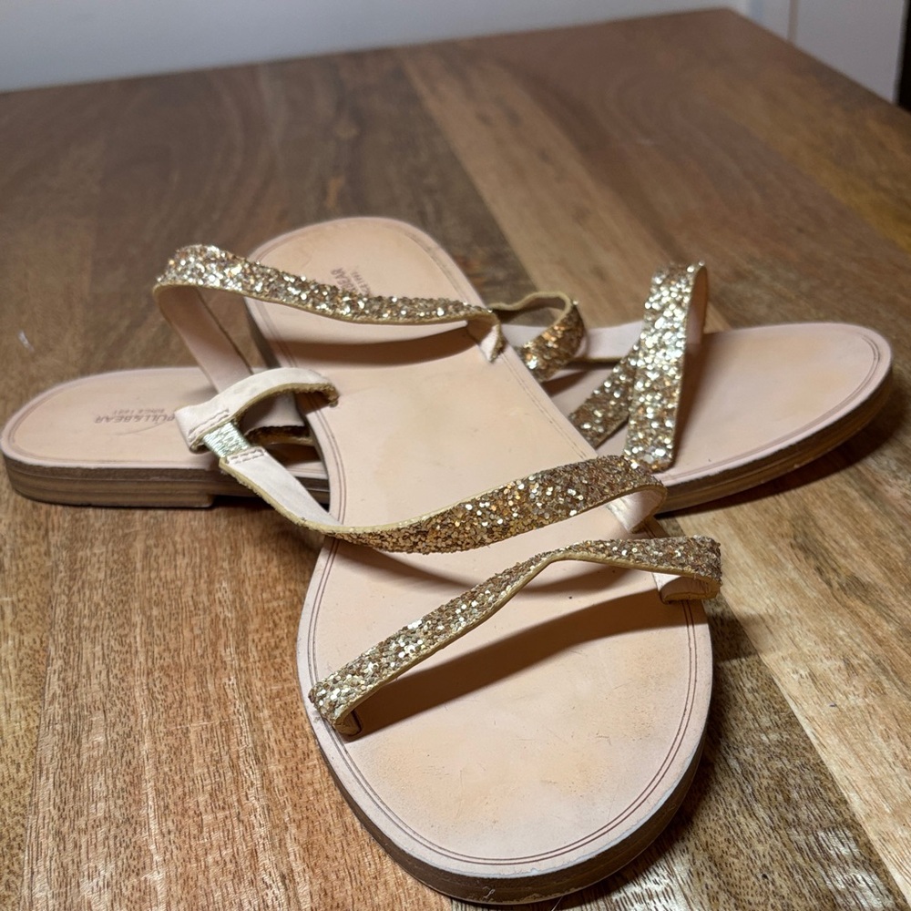 Pull & Bear Leather Gold Textured Strap Flat Sandals Size 40